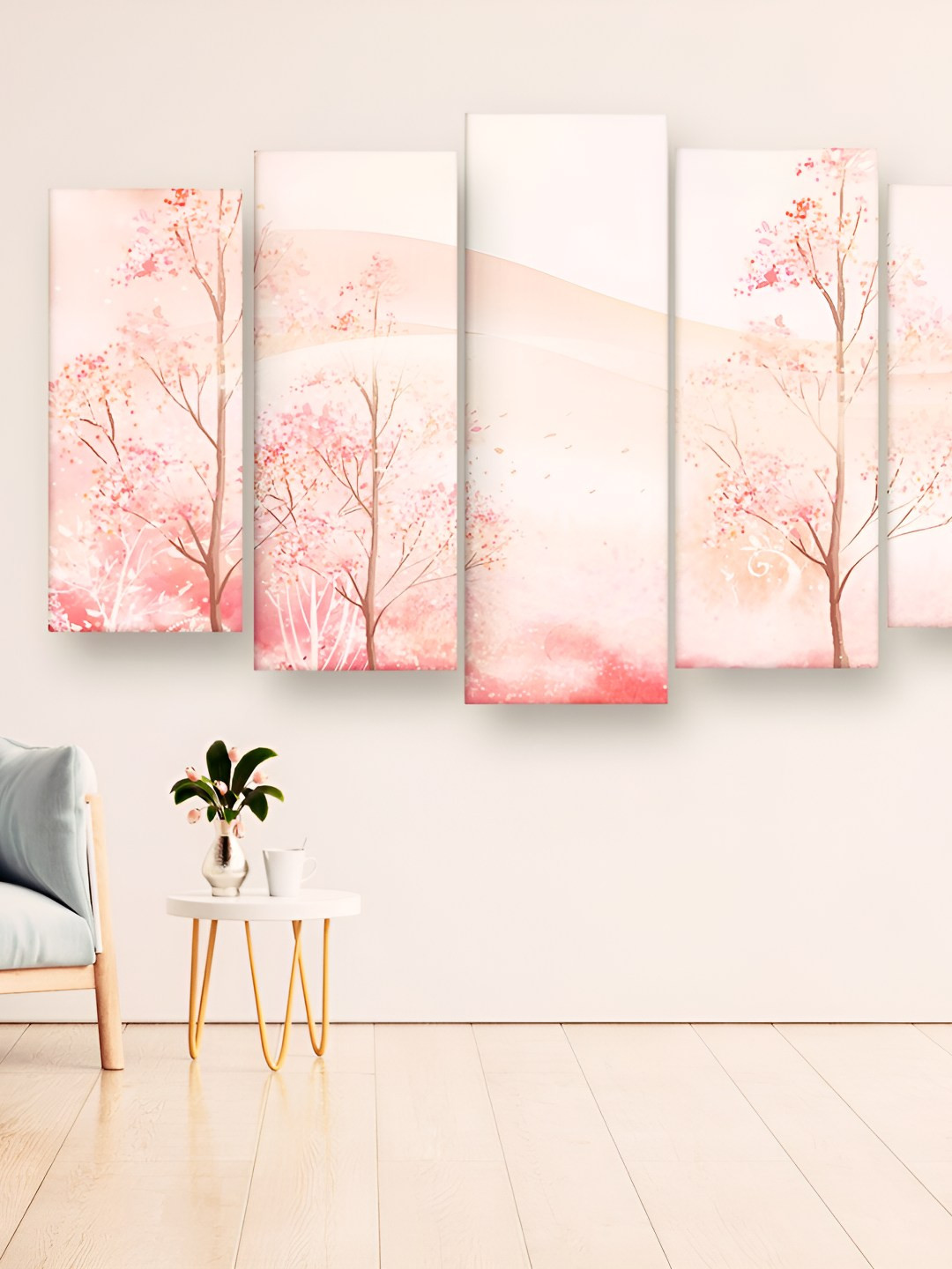 Casperme 5 Pieces Pink Floral Painting Wooden Wall Art