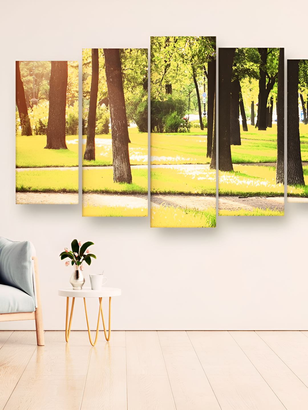 Casperme Green & Yellow 5 Pieces Wooden Trees Photographs Wall Art