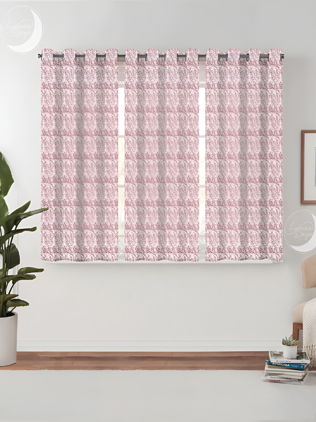 Lunar Days Red & White 3 Pieces Abstract Cotton Room Darkening Window Curtains