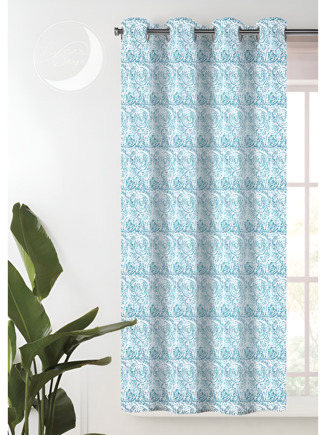 Lunar Days Blue & White Abstract Room Darkening Cotton Long Door Curtain
