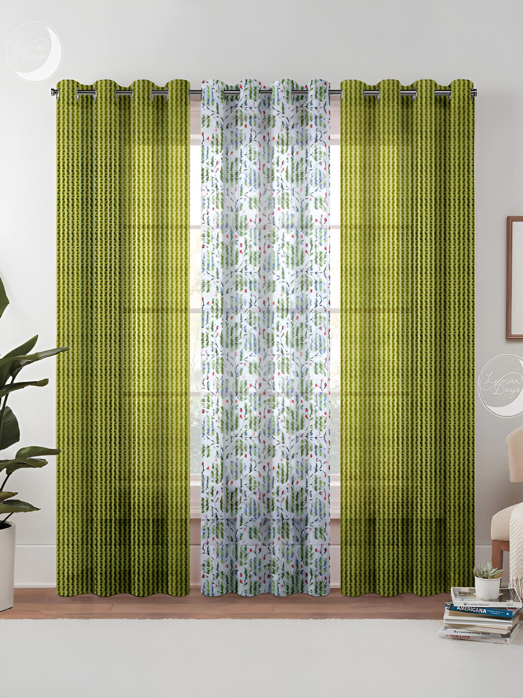 Lunar Days Green & White 3 Pieces Floral Sheer Long Door Curtains