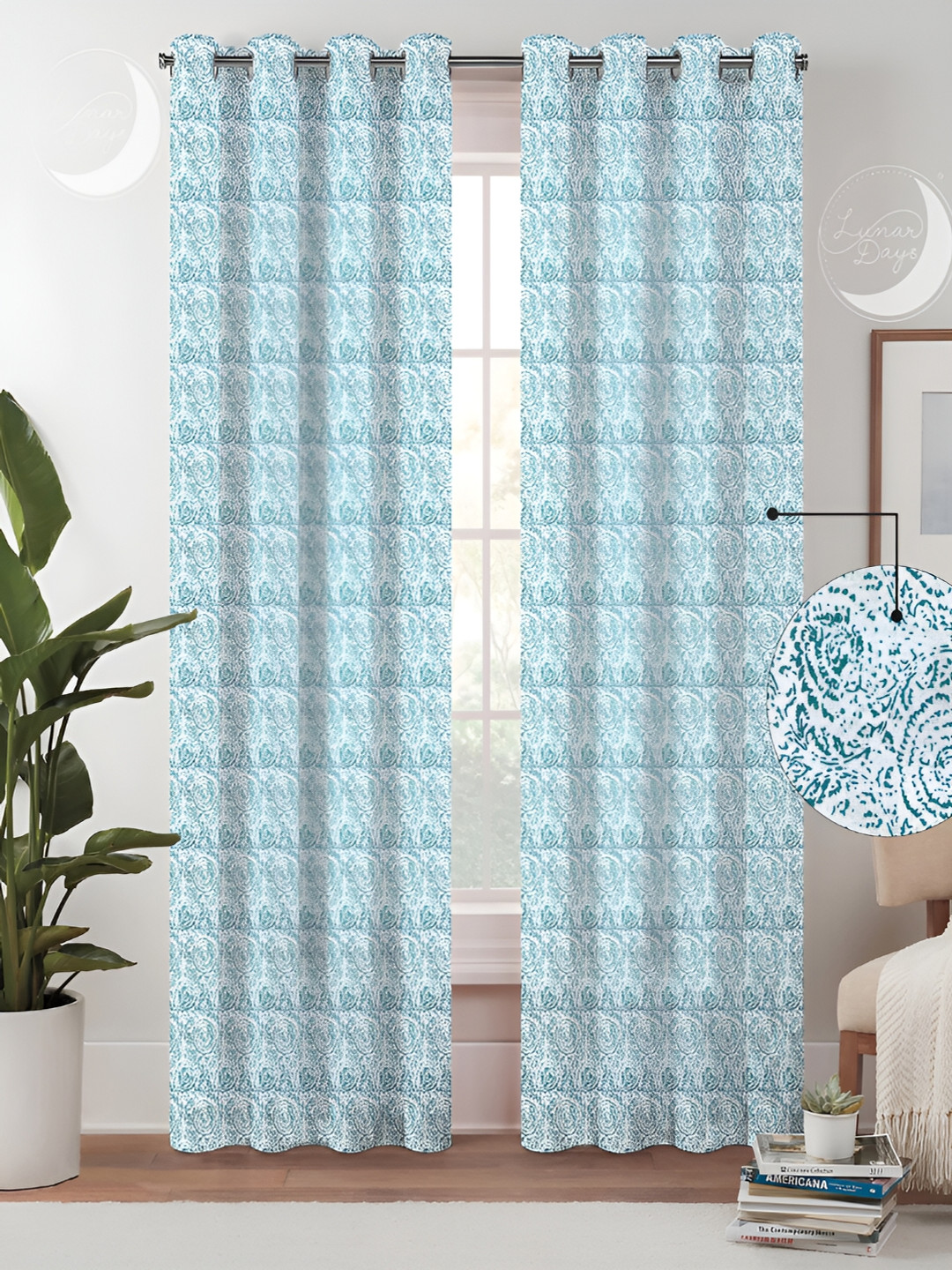 Lunar Days Blue & White 2 Pieces Abstract Room Darkening Cotton Long Door Curtains