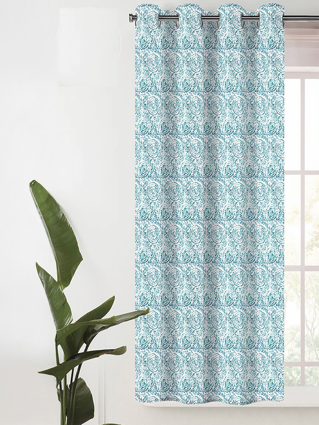 Lunar Days White & Blue Abstract Room Darkening Window Curtain