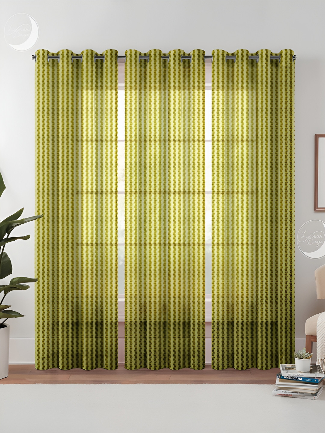 Lunar Days Green & White 3 Pieces Striped Sheer Door Curtain Set
