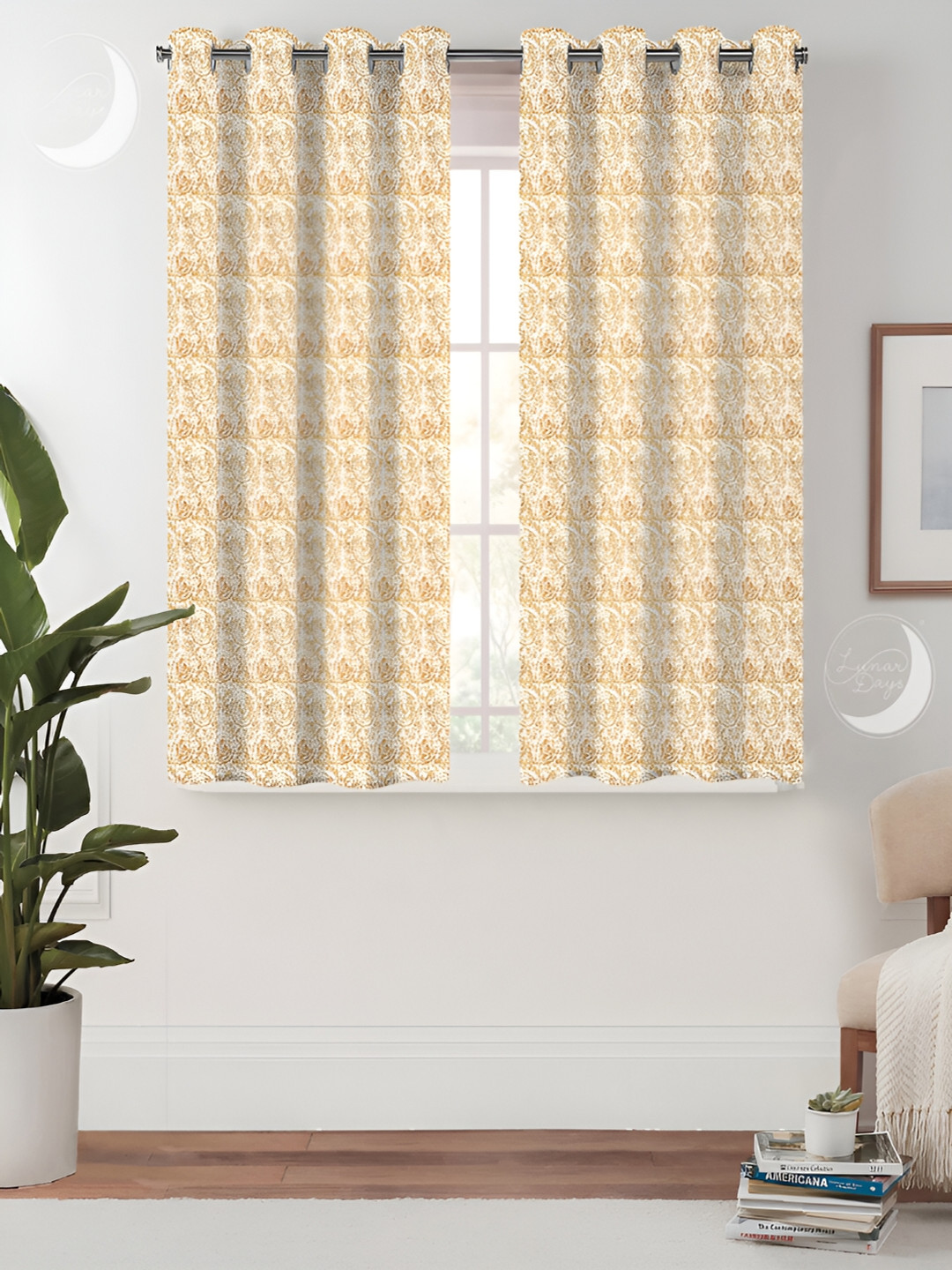 Lunar Days Yellow & White 2 Pieces Room Darkening Window Curtain