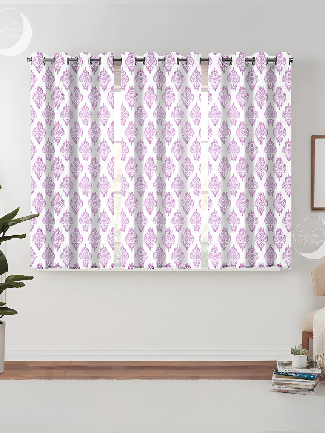 Lunar Days White & Purple 3 Pieces Ethnic Motifs Room Darkening Window Curtains
