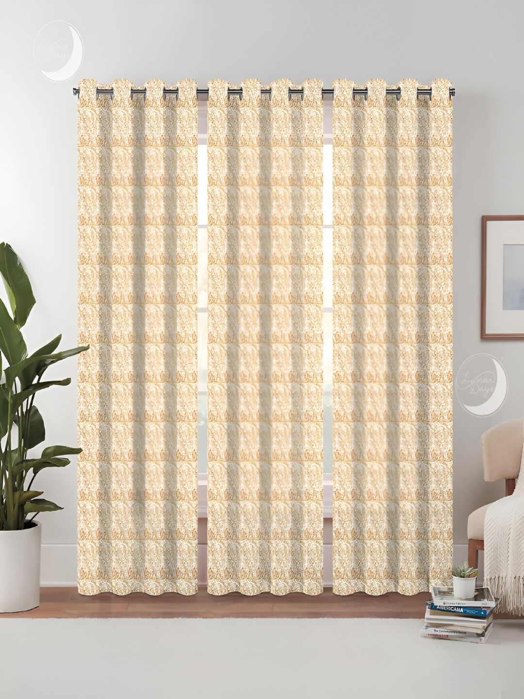 Lunar Days Yellow & White 3 Pieces Abstract Room Darkening Cotton Long Door Curtains