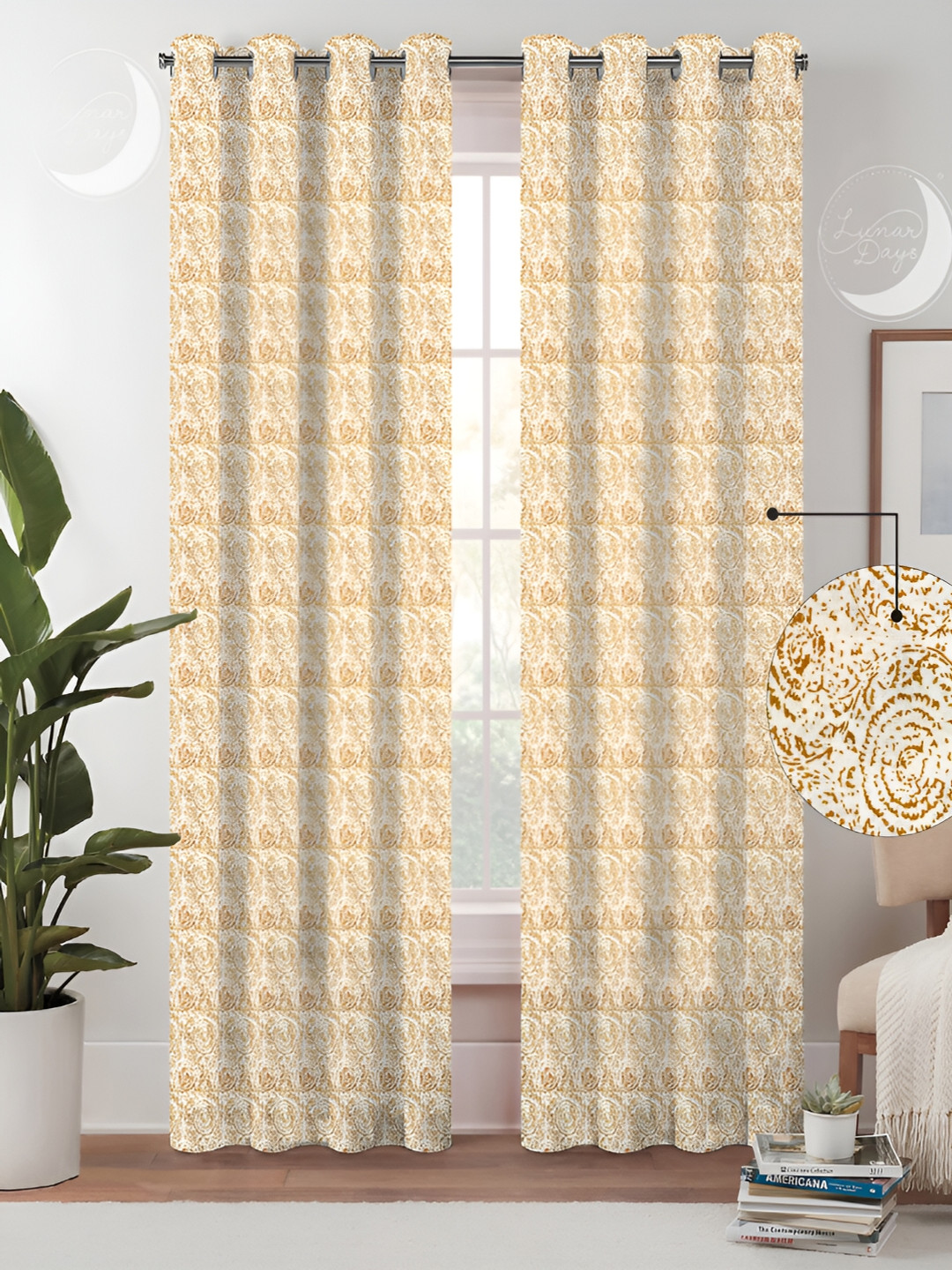 Lunar Days Yellow & White 2 Pieces Abstract Room Darkening Cotton Long Door Curtains