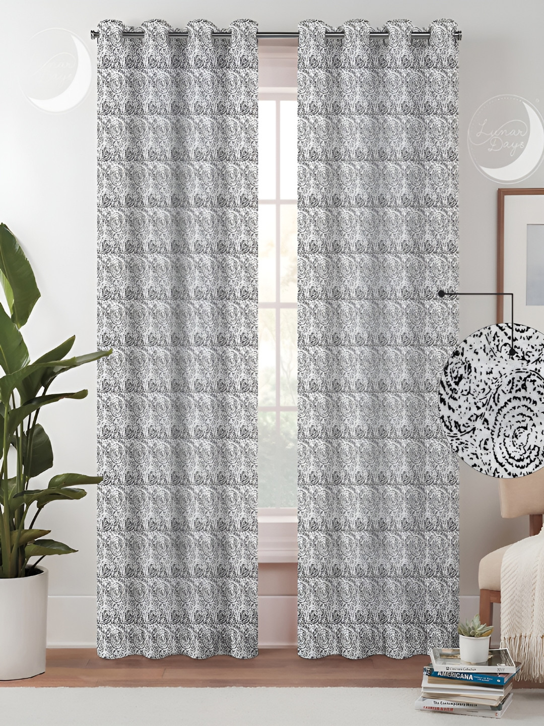 Lunar Days Black & White 2 Pieces Room Darkening Long Door Curtains