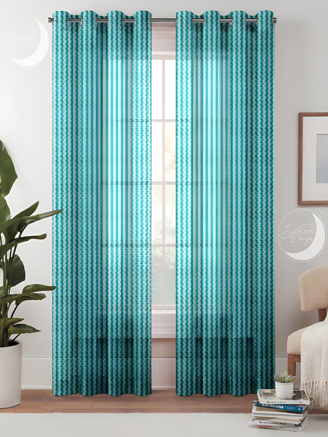 Lunar Days Blue & White 2 Pieces Striped Sheer Long Door Curtains