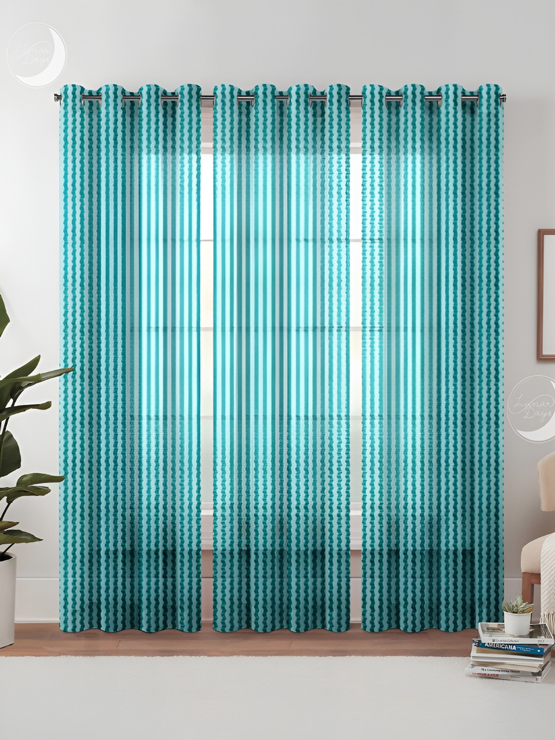 Lunar Days Blue & White 3 Pieces Striped Sheer Door Curtain Set