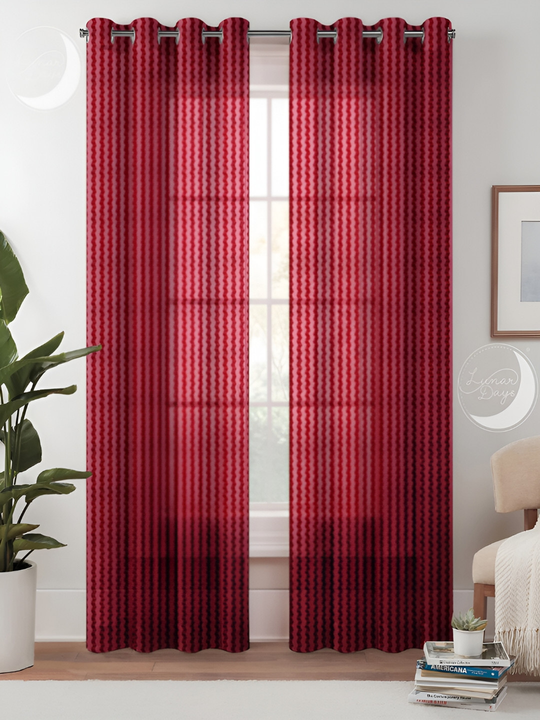 Lunar Days Maroon & White 2 Pieces Striped Sheer Long Door Curtains