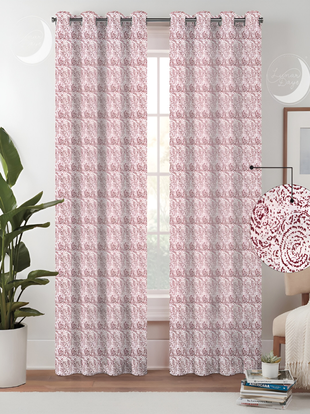 Lunar Days Red & White 2 Pieces Abstract Room Darkening Cotton Long Door Curtains