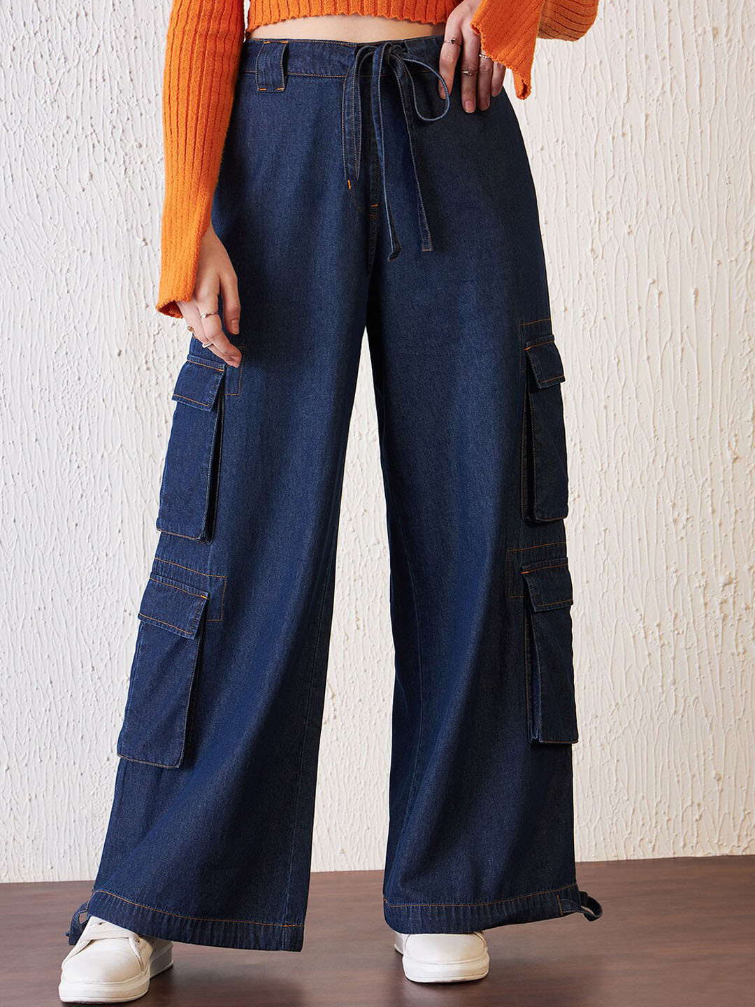 Antheaa Blue Women Comfort Relaxed Fit Mid-Rise Clean look Stretchable Cargo Style Jeans