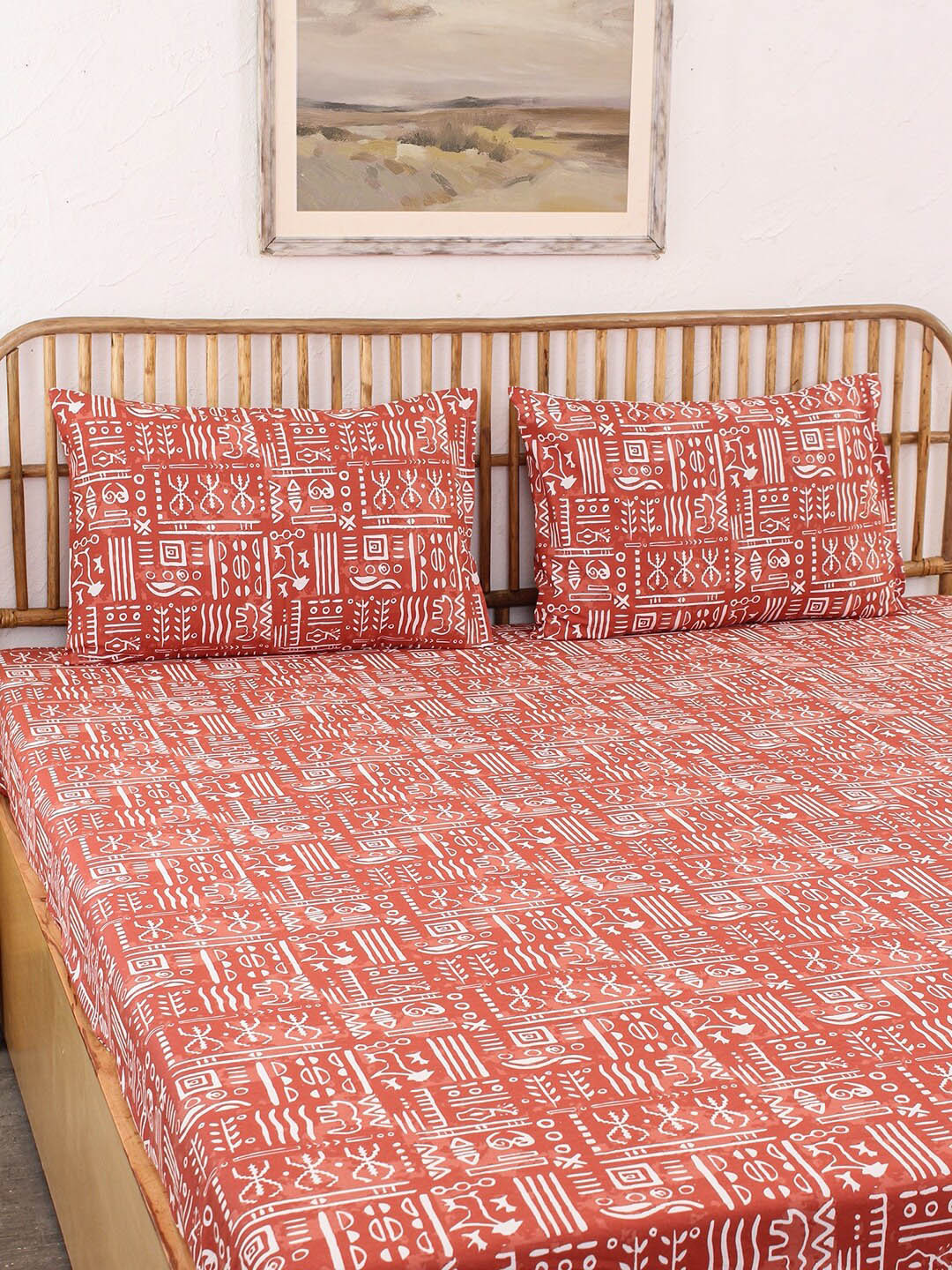 House This Gamathi Rust & White Geometric Printed 144 TC Cotton Super Queen Bedding Set