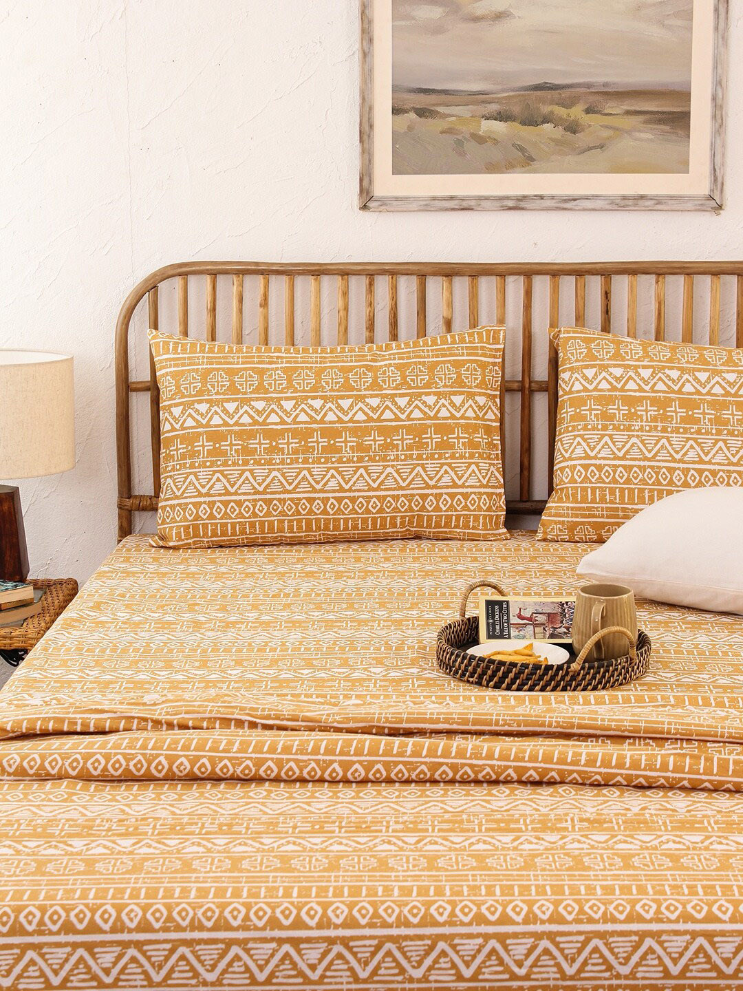 House This Kullu Patti Yellow & White Ethnic Motifs 144 TC Cotton Super Queen Bedding Set