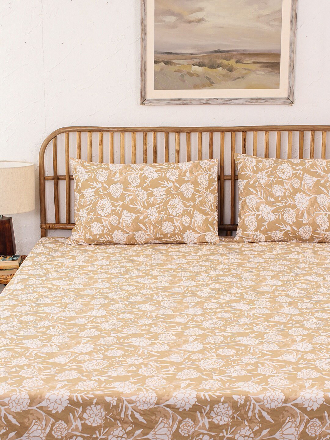 House This Genda Phool Beige Floral Printed 144 TC Pure Cotton Super Queen Bedding Set