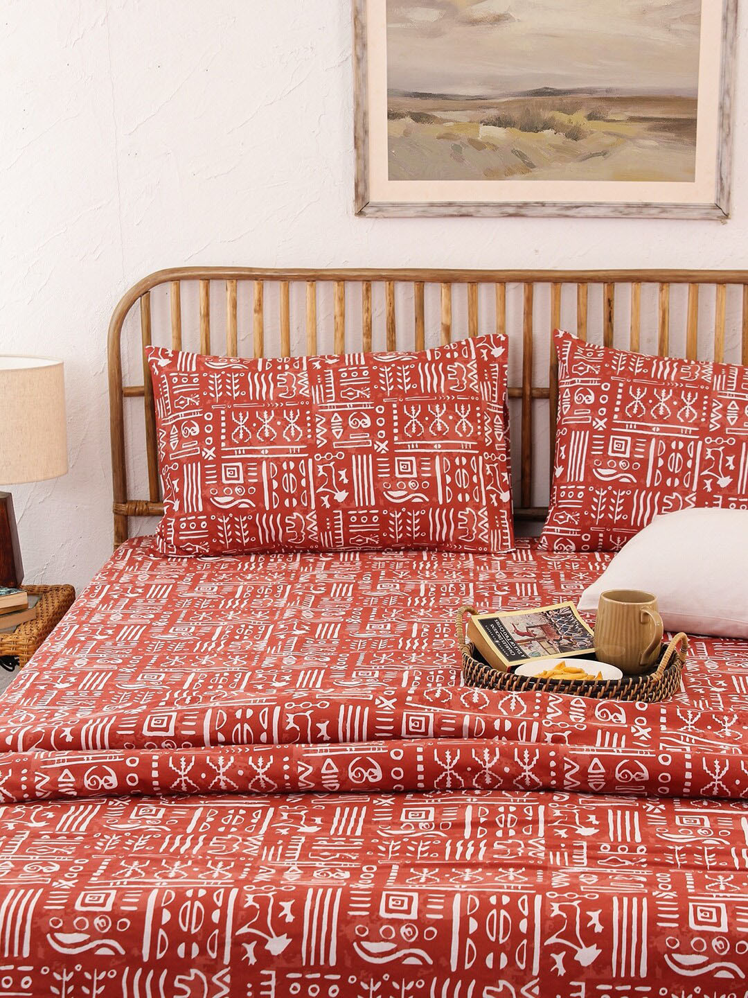 House This Gamathi Rust & White Geometric Printed 144 TC Cotton Super Queen Bedding Set
