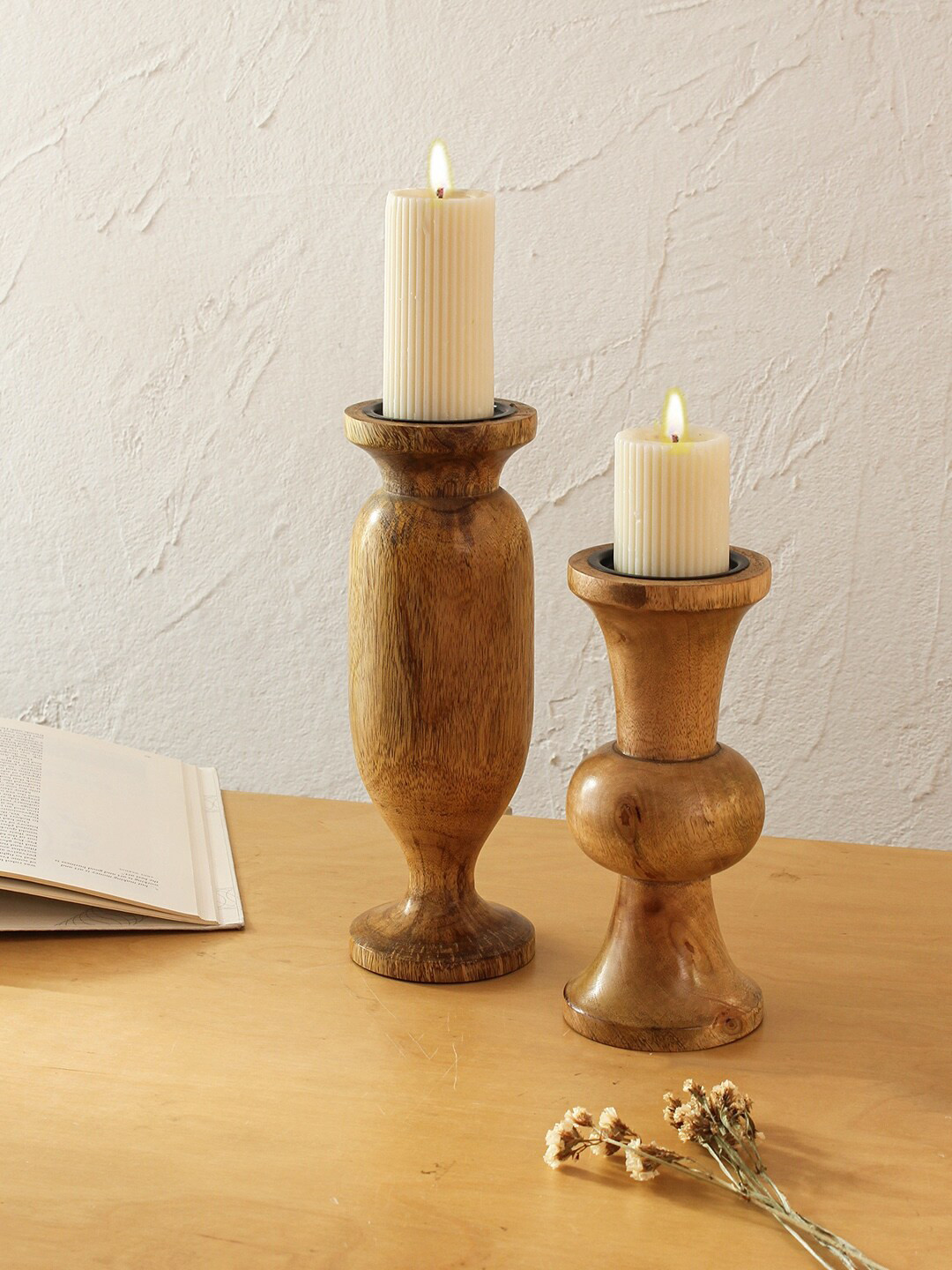 House This 2-Pcs Brown Wooden Candle Holders