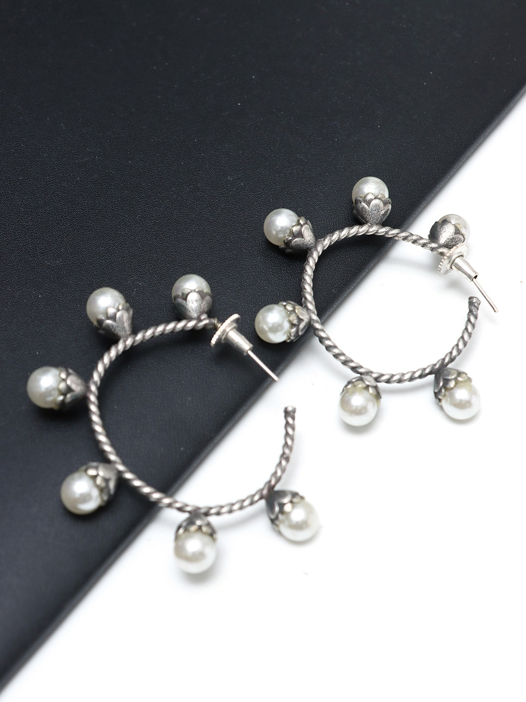 Ozanoo Antique Silver Plated Beads Half Hoop Earrings