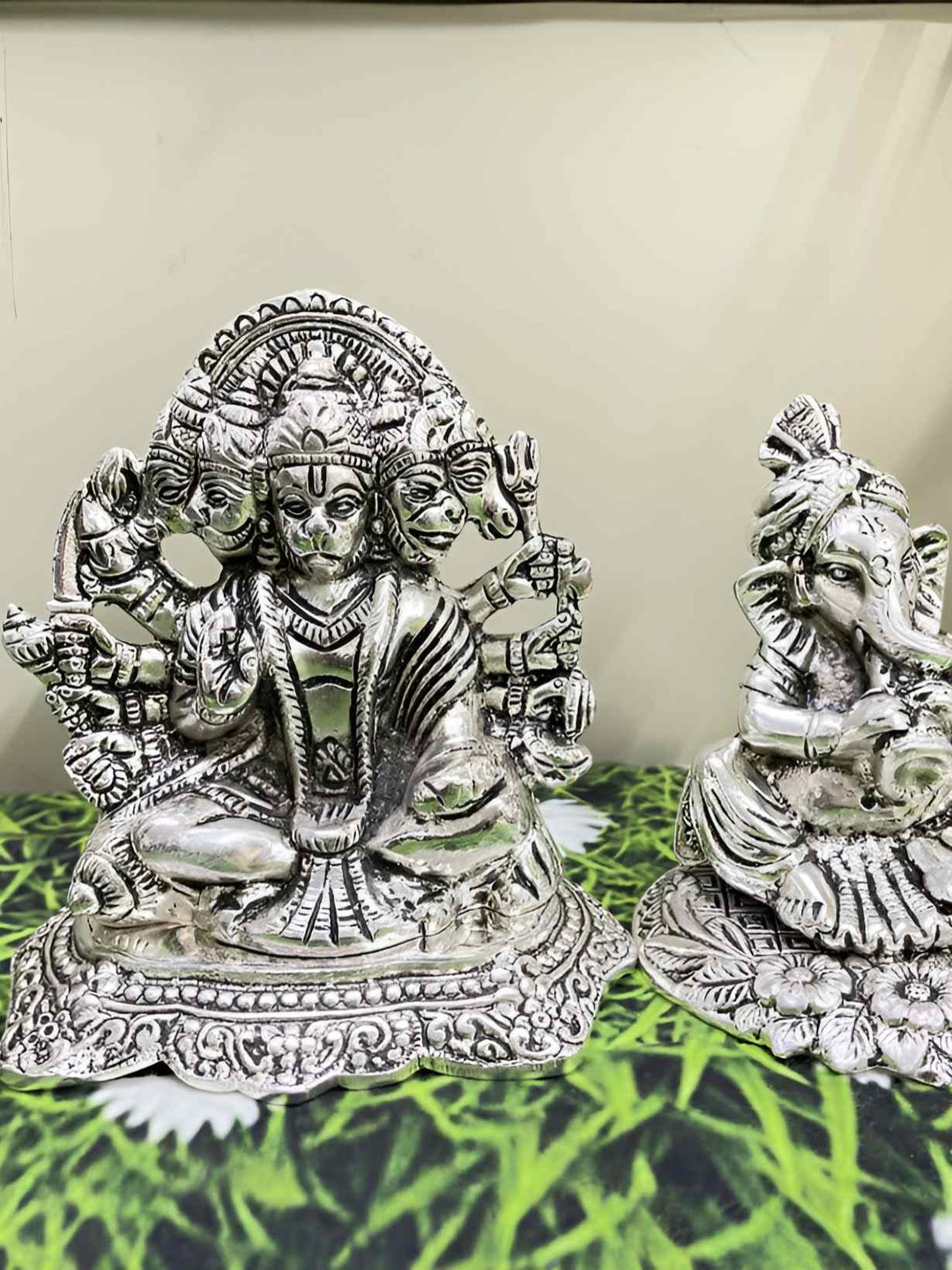 INTERNATIONAL GIFT 5 Mukhi Hanuman and Ganesha Silver Brass Metallic Prayer Room Set of 2 Small Showpieces - 3.9 Inches