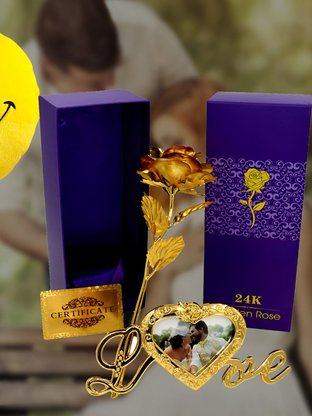 INTERNATIONAL GIFT Gold Rose Flower With Photo Frame Stand