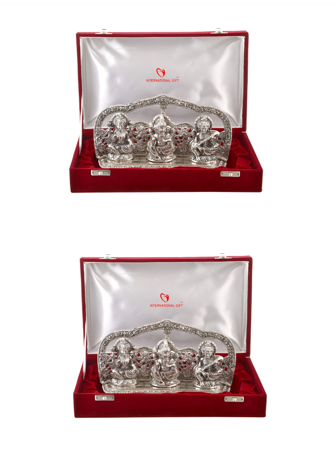 INTERNATIONAL GIFT Laxmi Ganesh Saraswati God Silver Brass Metallic Prayer Room Set of 2 Medium Showpieces - 5.5 Inches