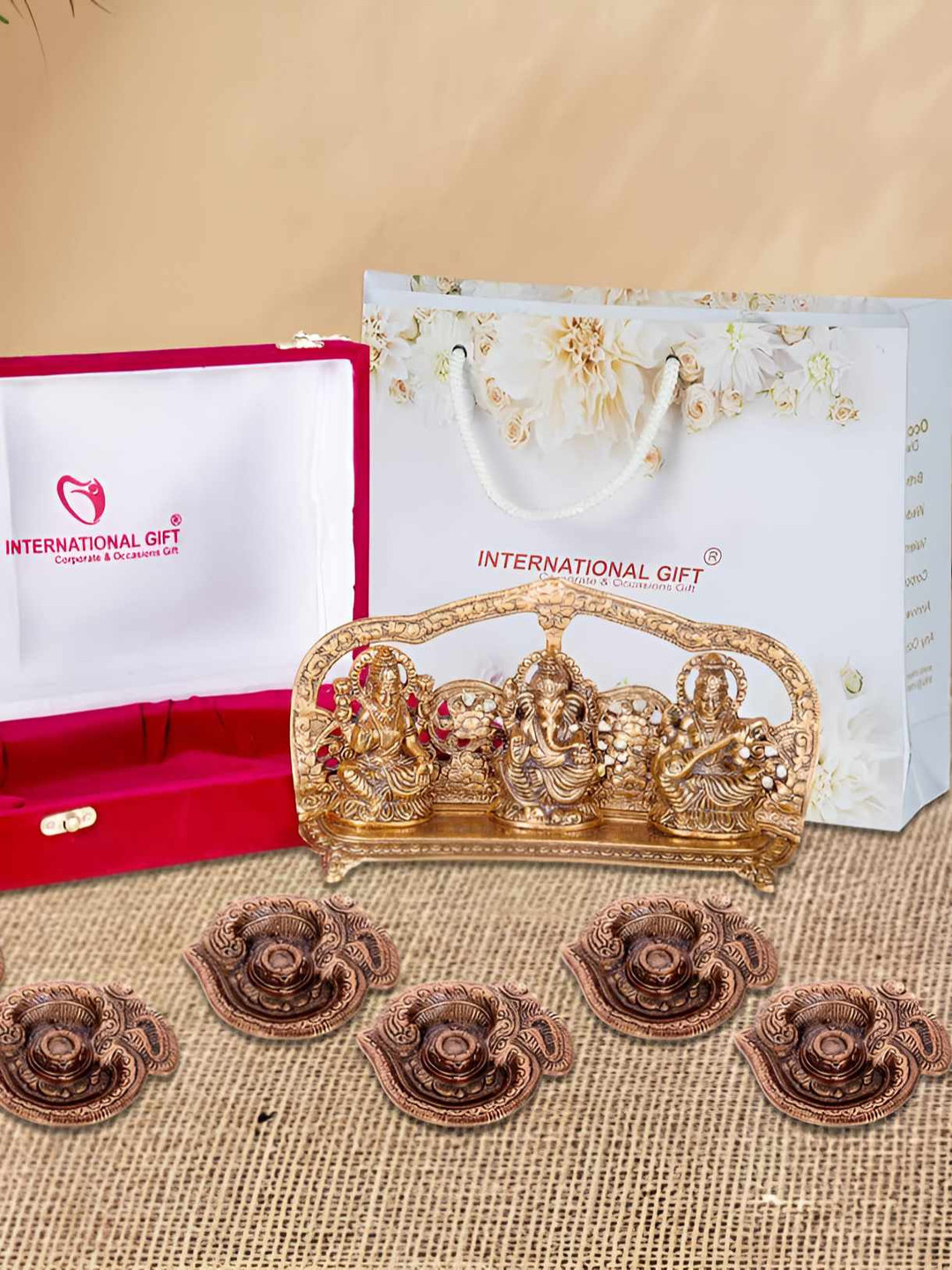 INTERNATIONAL GIFT Brown Textured Ganesha Saraswati God Idol Statue