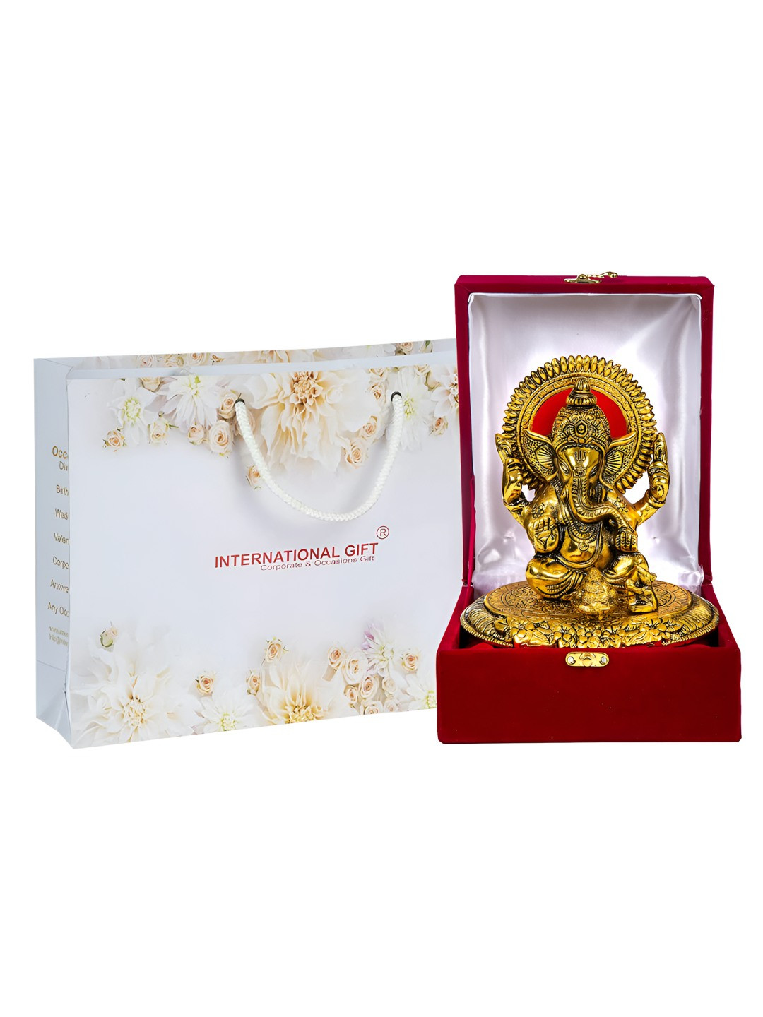 INTERNATIONAL GIFT Musical Ganesha Gold Brass Metallic Home Office Small Showpiece - 4.7 Inches