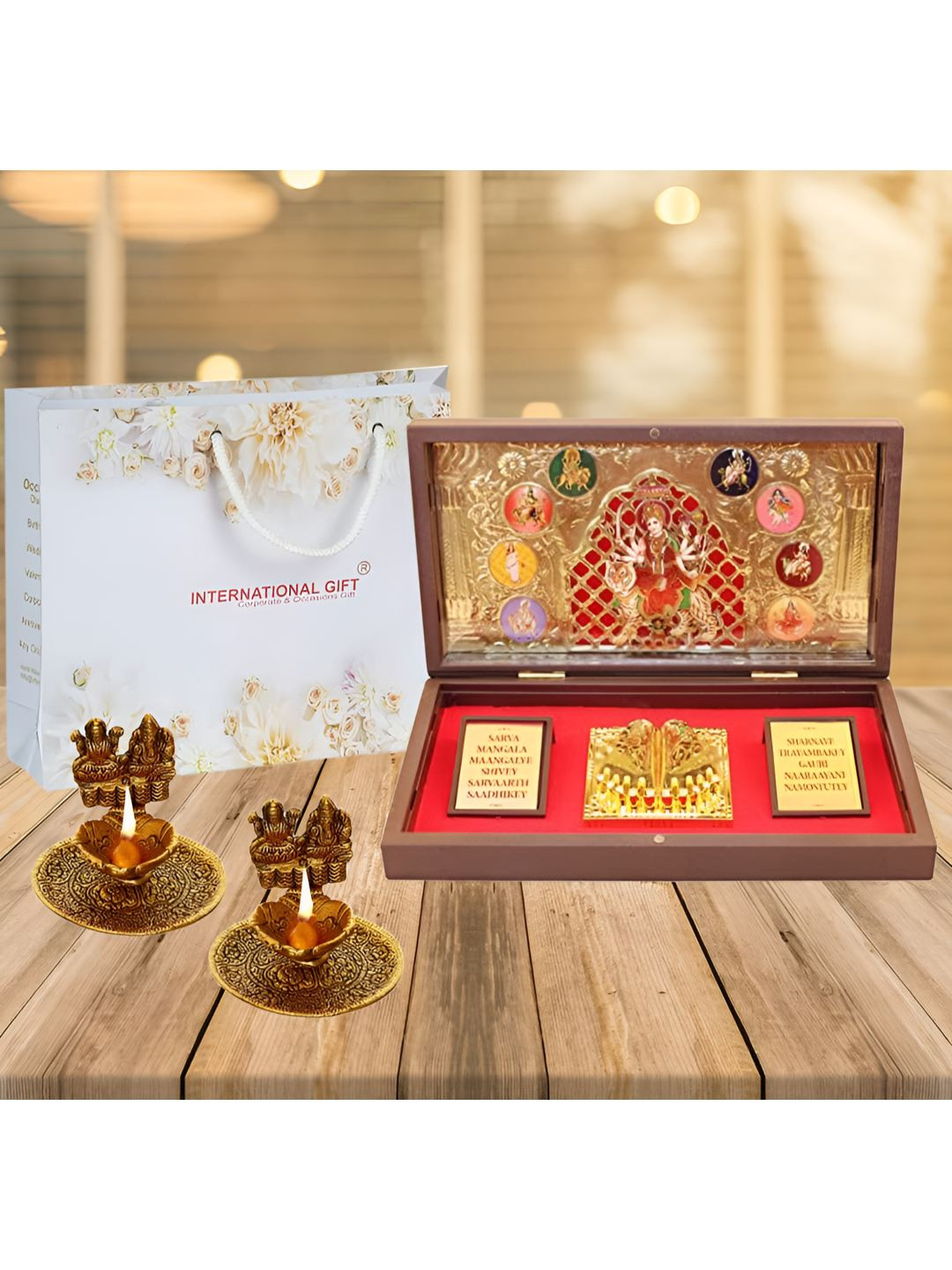 INTERNATIONAL GIFT 24 Karat Gold 3 Pieces Durga Maa God Idol With Charan Paduka & Diya