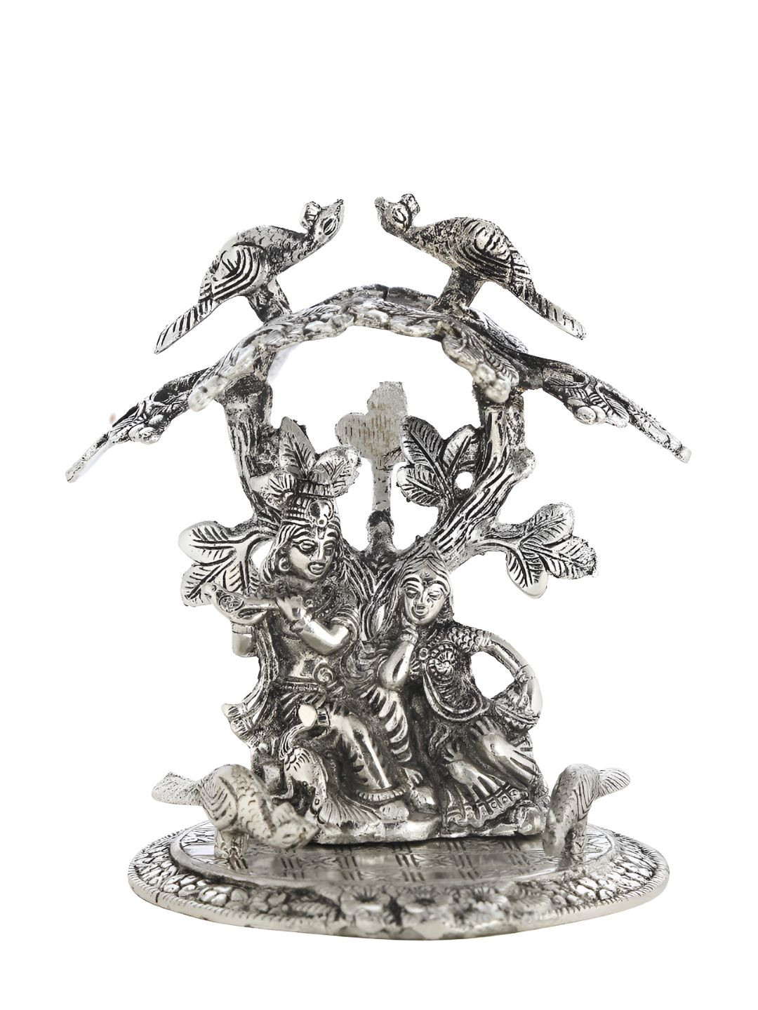 INTERNATIONAL GIFT Radha Krishna Tree Silver Metal Metallic Living Room Small Showpiece - 5.5 Inches