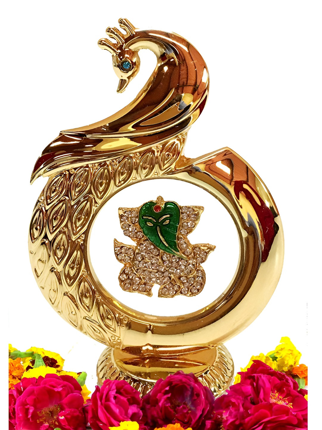 INTERNATIONAL GIFT Peacock Shape Ganesh Gold Brass Metallic Prayer Room Medium Showpiece - 4.7 Inches