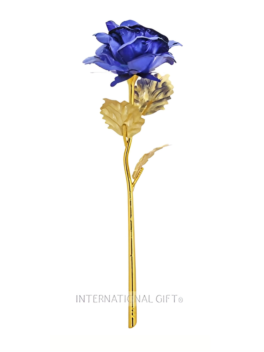 INTERNATIONAL GIFT Blue &  Gold Toned Rose Flower With Leaf Gift Box