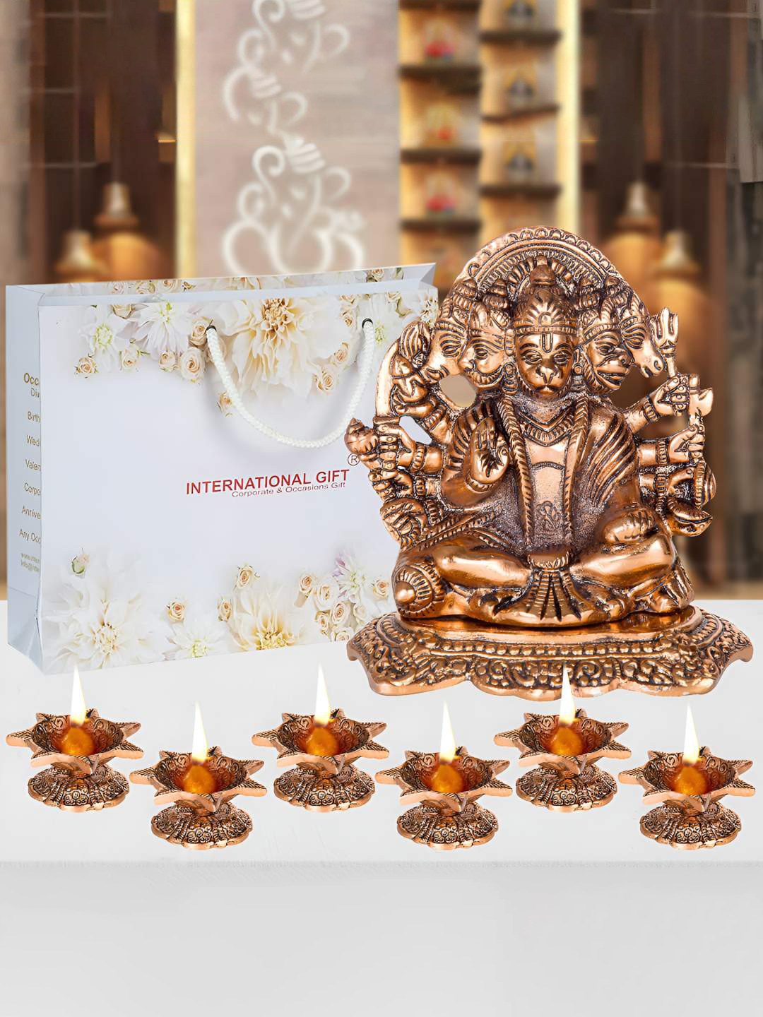 INTERNATIONAL GIFT 7 Pcs Brown Brass Hanuman Statue With Diya Gift Set