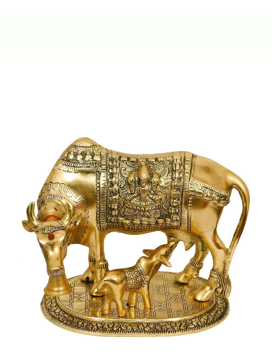 INTERNATIONAL GIFT Gold Toned Kamdhenu Cow With Calf Idol Home Gift Set