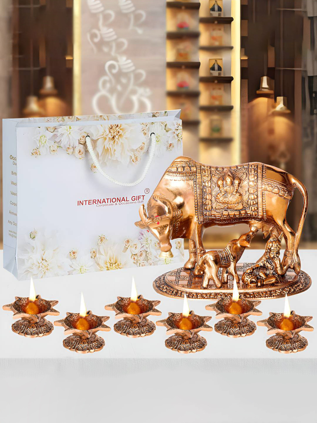 INTERNATIONAL GIFT Brown Kamdhenu Cow With Calf Statue Figurine with Diyas Gift Set