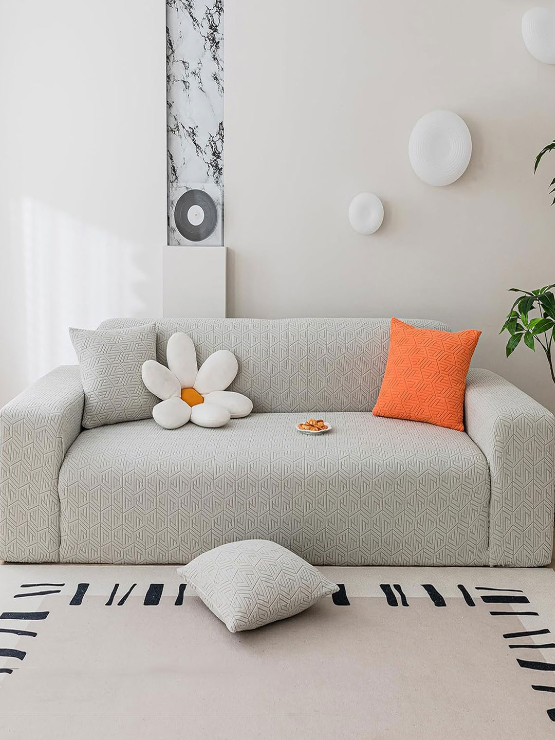 HOUSE OF QUIRK Grey Self-designed 220 GSM Jaquard Stretchable 1-seater Sofa Slipcover