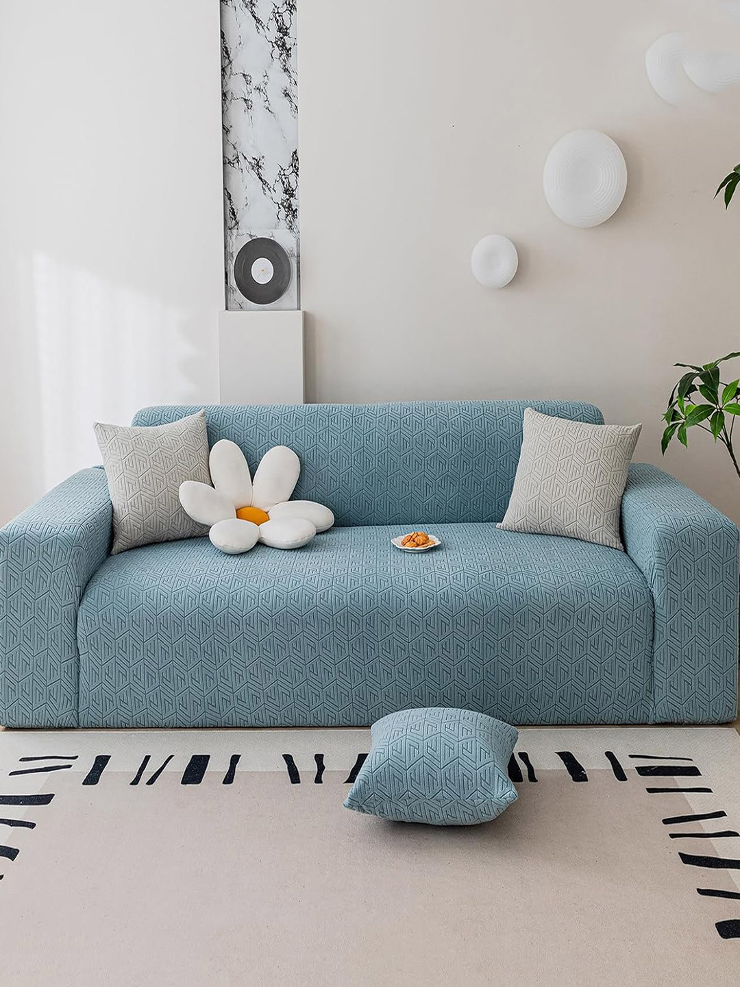 HOUSE OF QUIRK Blue Self-designed 220 GSM Jaquard Stretchable 2-seater Sofa Slipcover