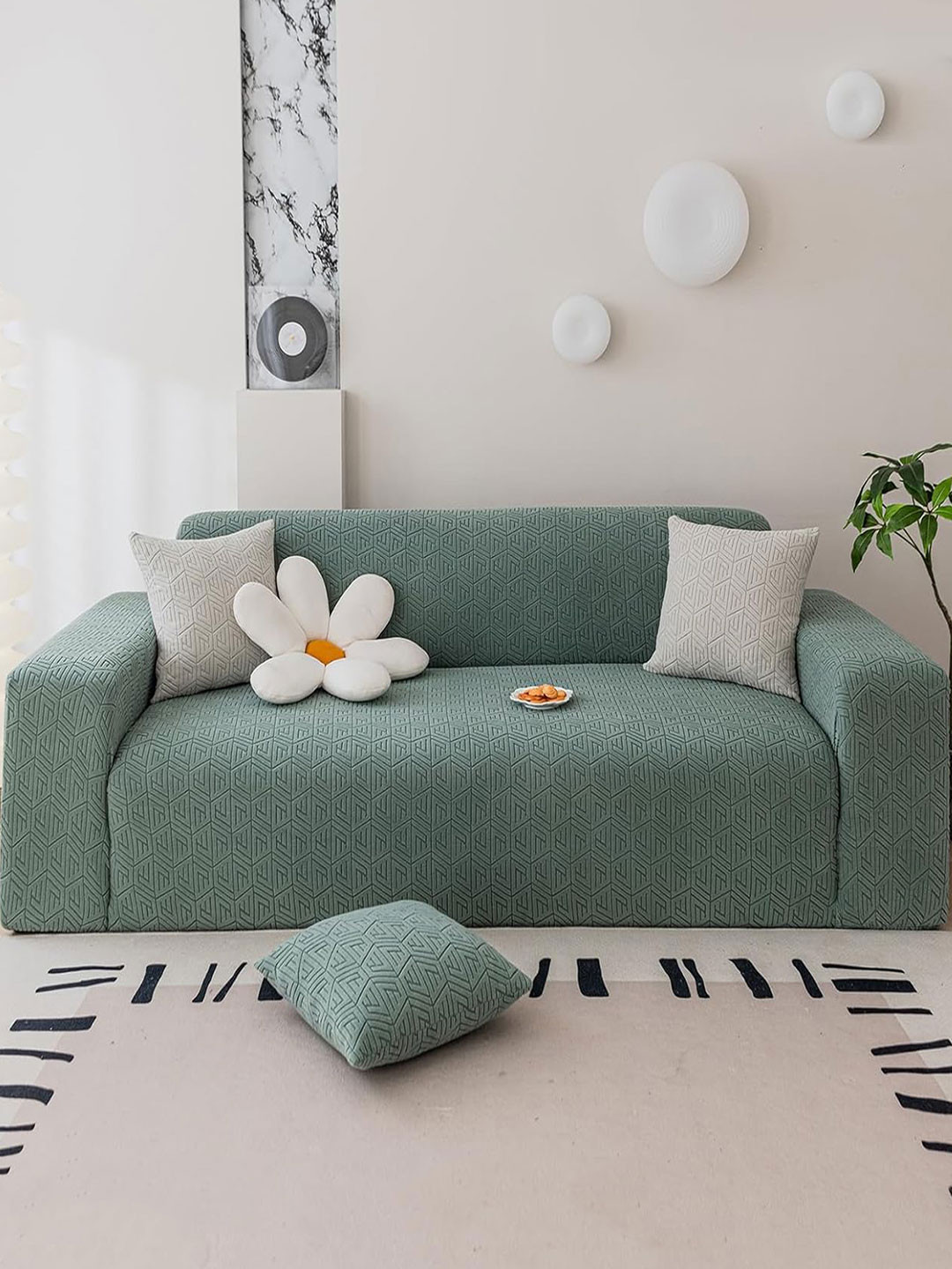 HOUSE OF QUIRK Green Self-designed 220 GSM Jaquard Stretchable 4-seater Sofa Slipcover