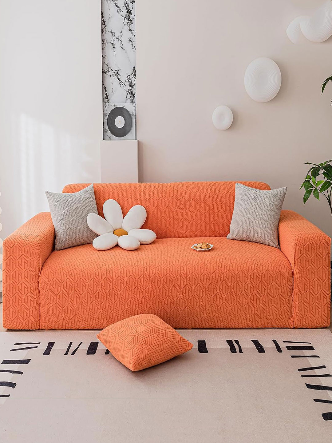 HOUSE OF QUIRK Orange-Coloured Self-Designed 220 GSM Stretchable 1-Seater Sofa Cover