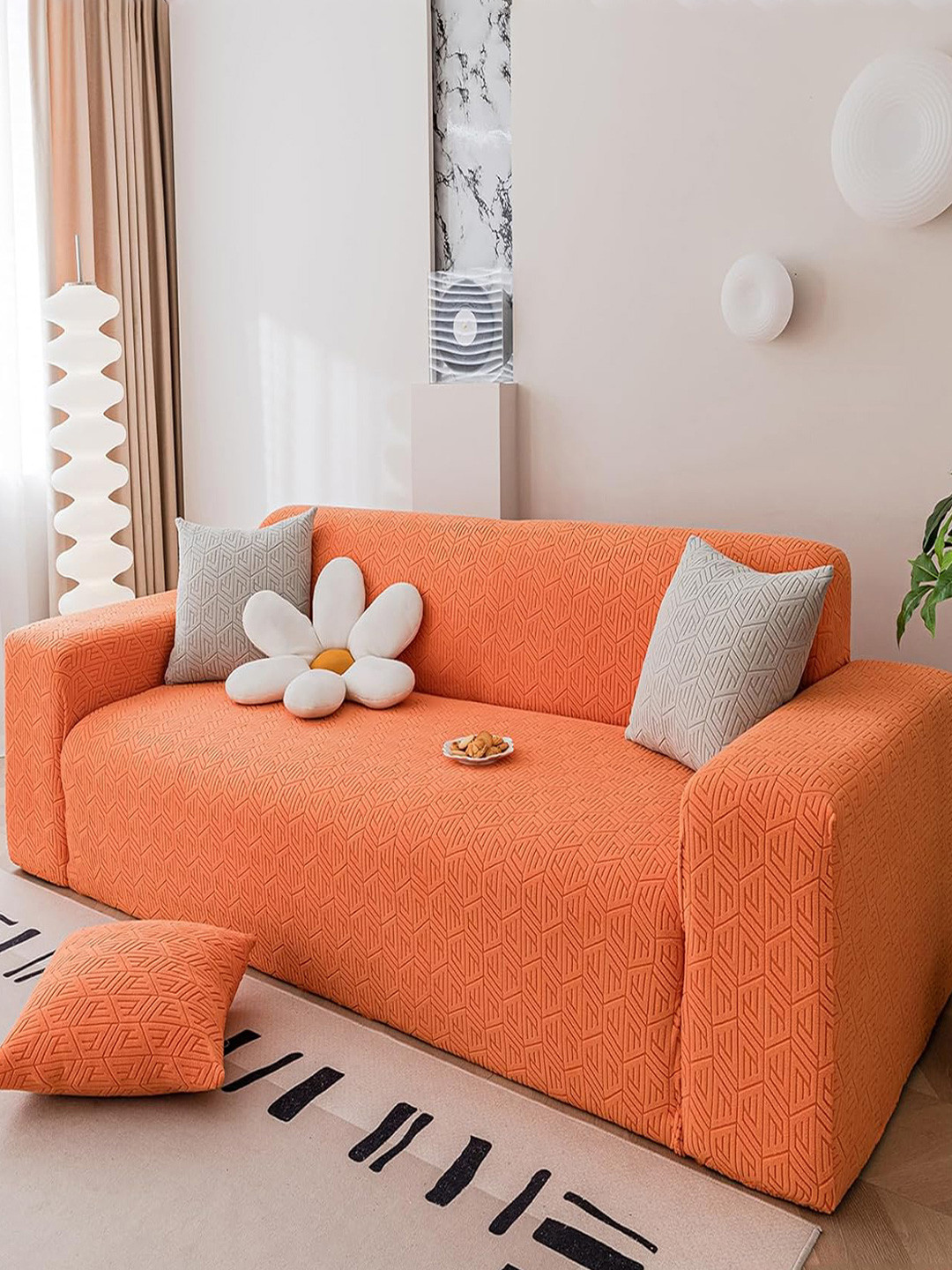 HOUSE OF QUIRK Orange-coloured Self-designed 220 GSM Stretchable 3-seater Sofa Cover