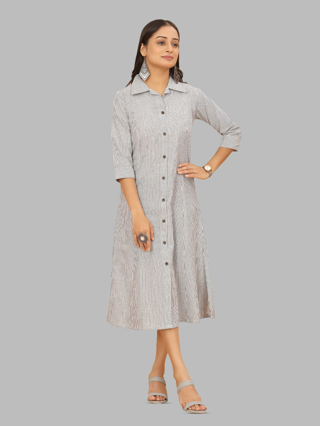 PEACH PIPER Striped Pure Cotton Shirt Midi Ethnic Dress