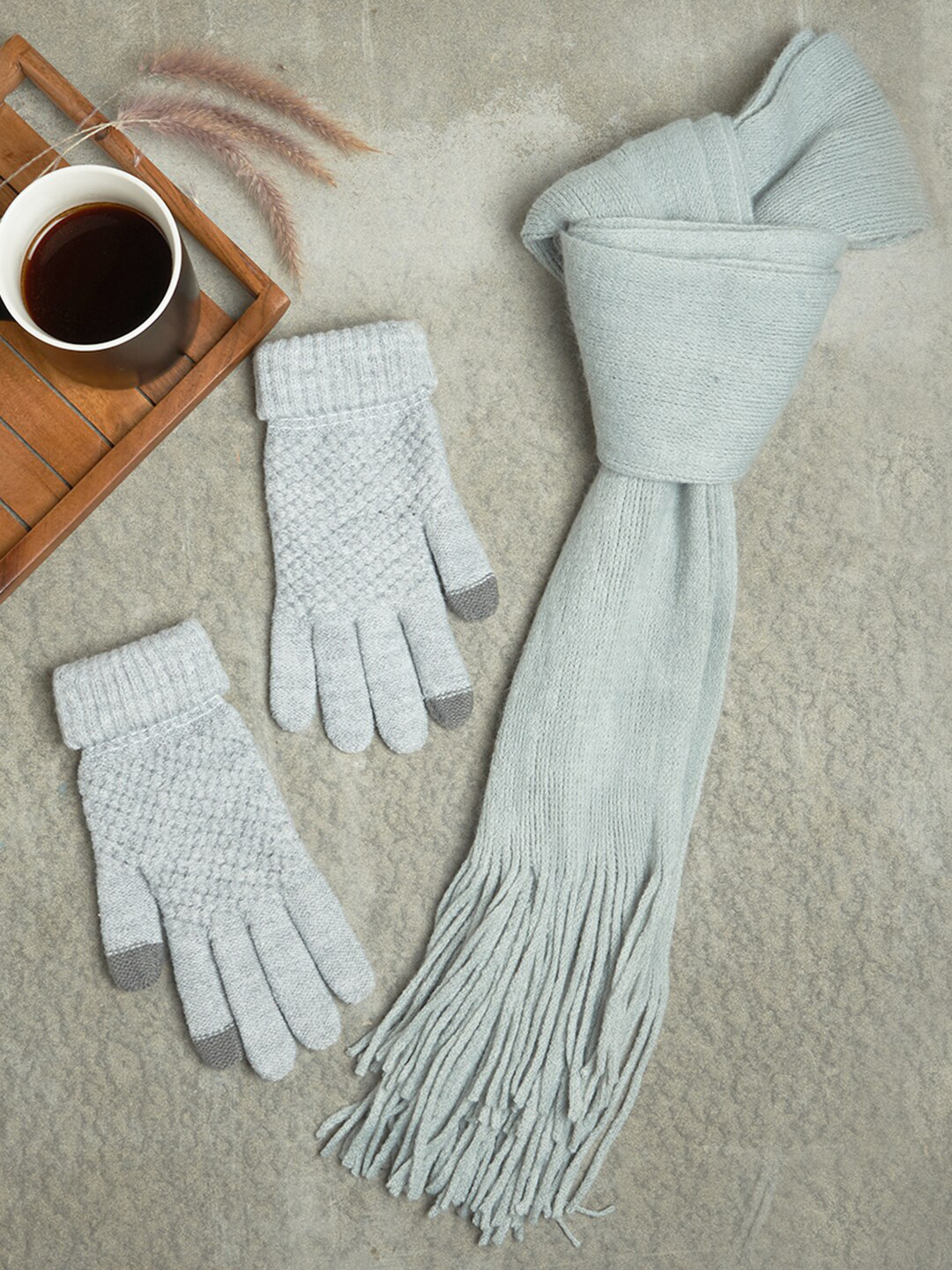 ToniQ Self Design Fringed Woollen Stole With Hand Gloves