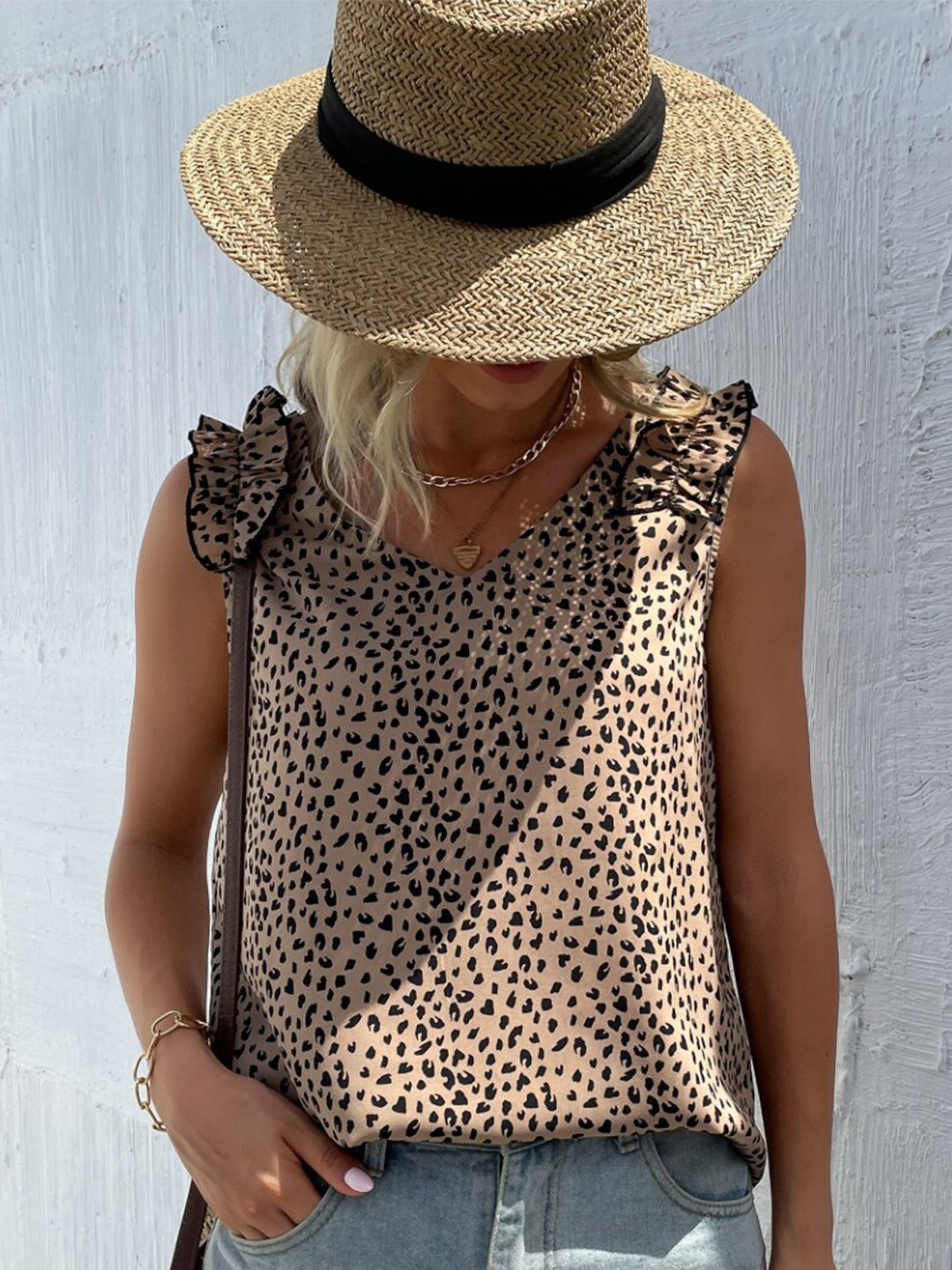 StyleCast Khaki Abstract Printed Sleeveless Top