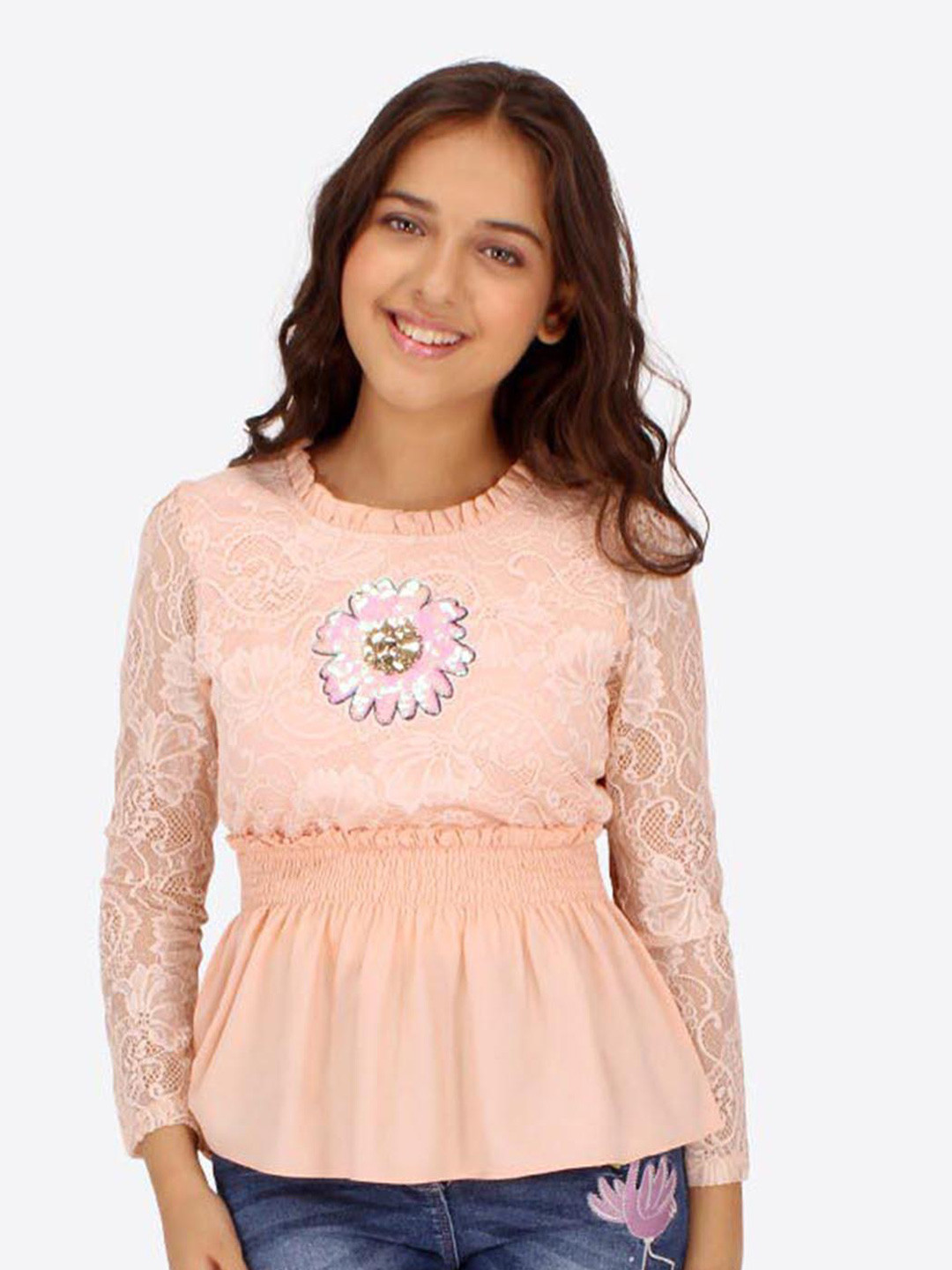 CUTECUMBER Infant Girls Floral Laced Sequined Cinched Waist Top