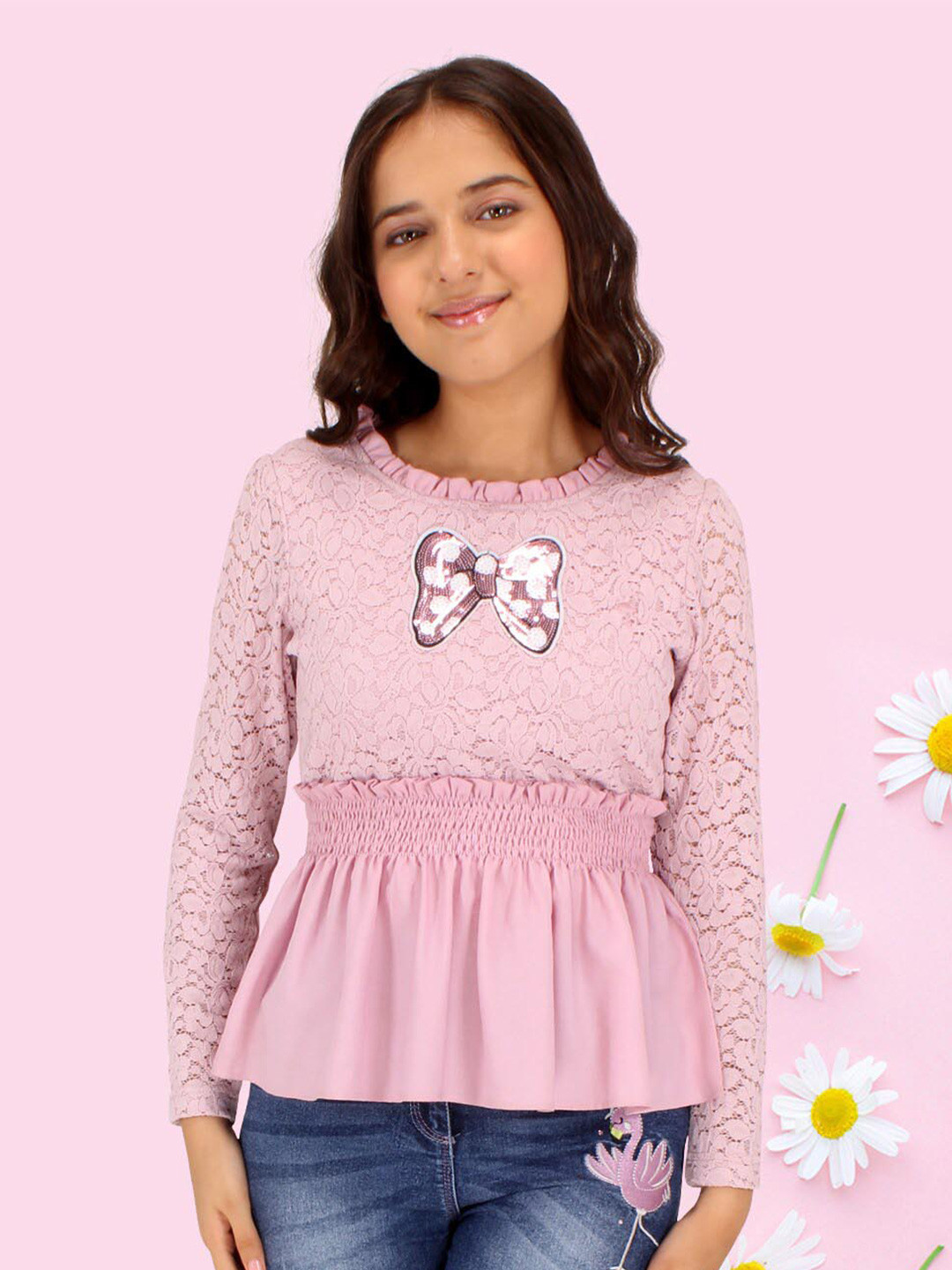 CUTECUMBER Infant Girls Floral Laced Sequined Cinched Waist Top