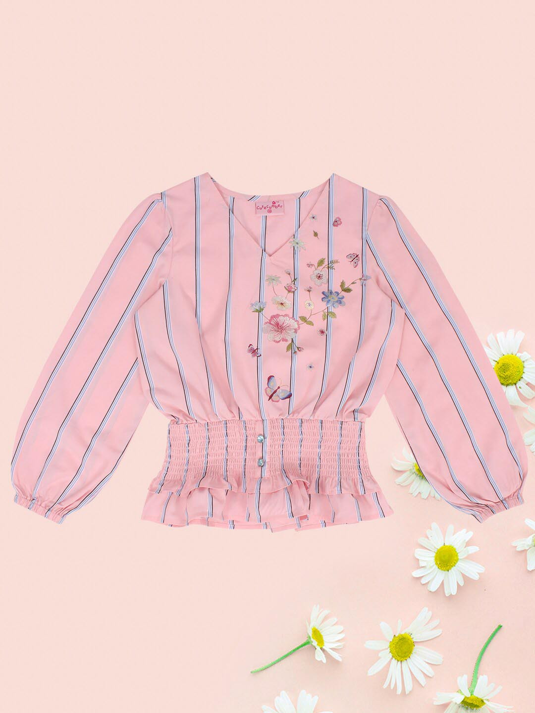 CUTECUMBER Infant Girls Striped Smocked Cinched Waist Top