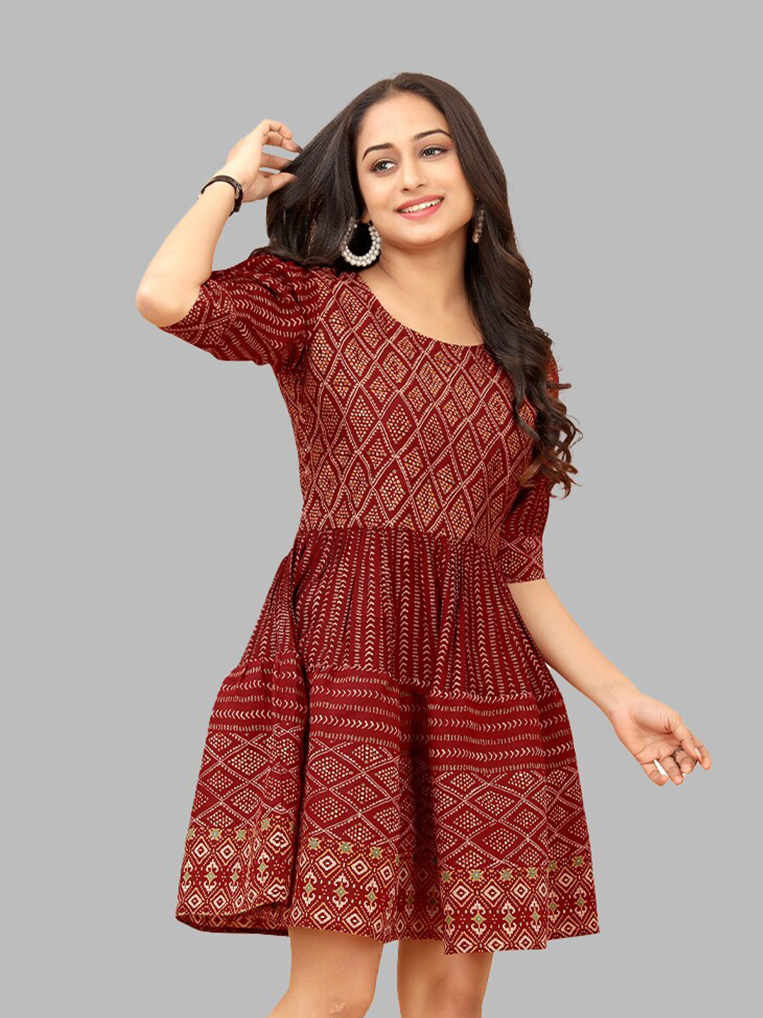 PEACH PIPER Geometric Printed Cotton Fit & Flare Dress