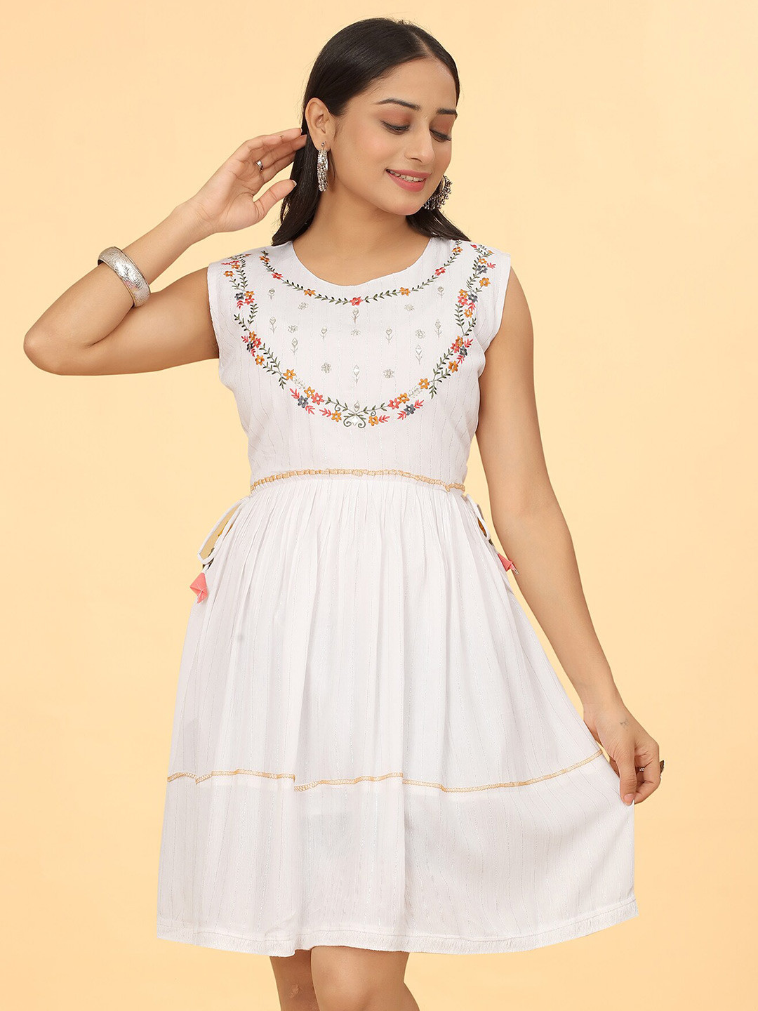 PEACH PIPER Floral Embroidered Cotton Dress