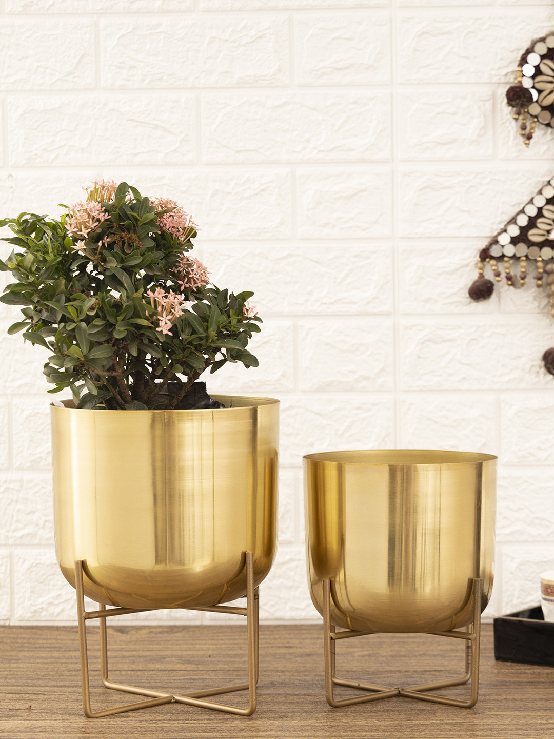 HomeShastra Gold Toned 2 Pieces Iron Planters with Stand